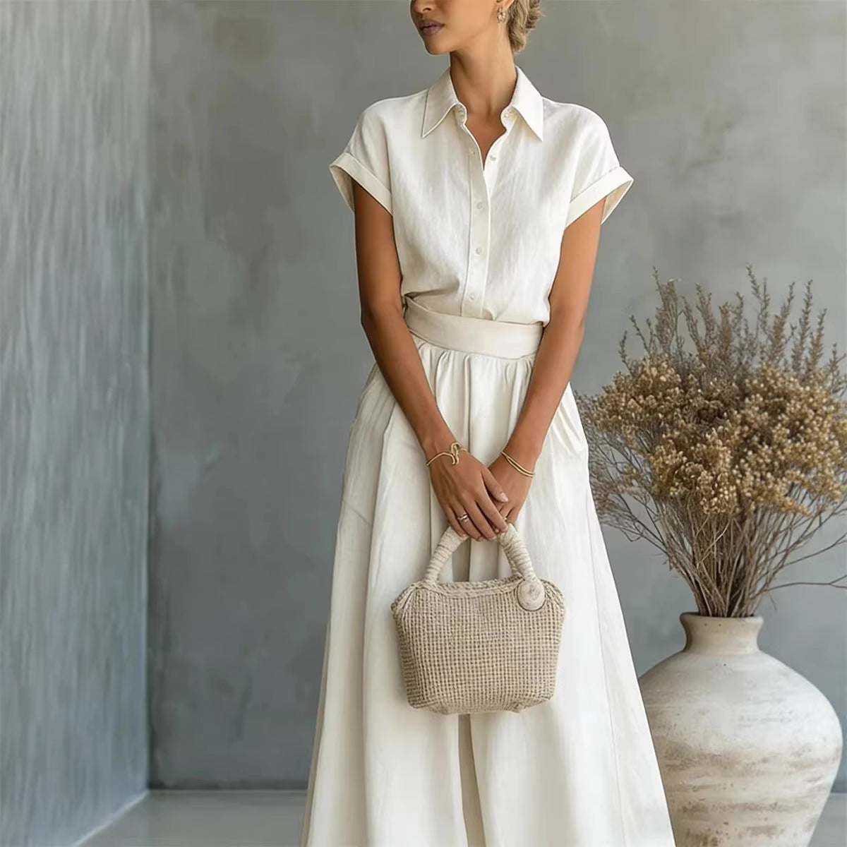 Asymmetric Cotton-Linen Shirt & Wide-Leg Pants Set