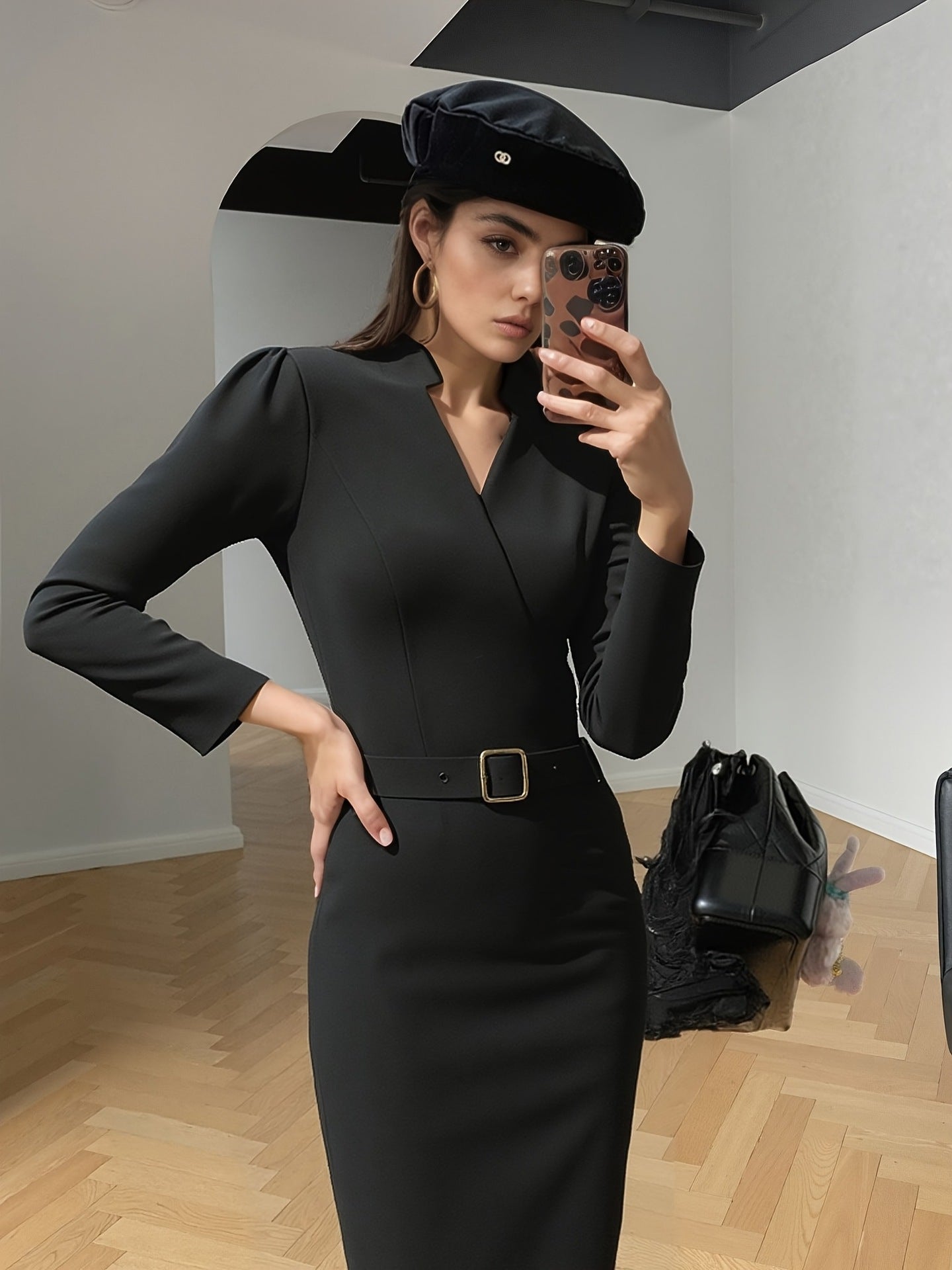 Slim-Fit V-Neck Long-Sleeve Suit Dress