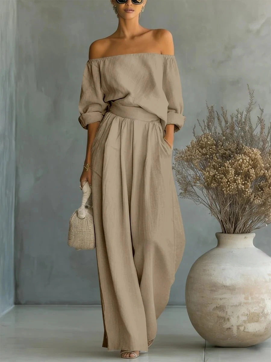 Off-Shoulder Long-Sleeve Top & Wide-Leg Pants Set