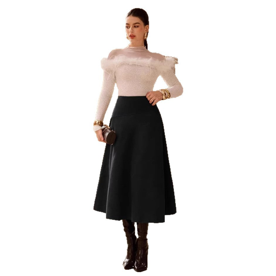Solid-Color Faux Suede A-Line Long Skirt