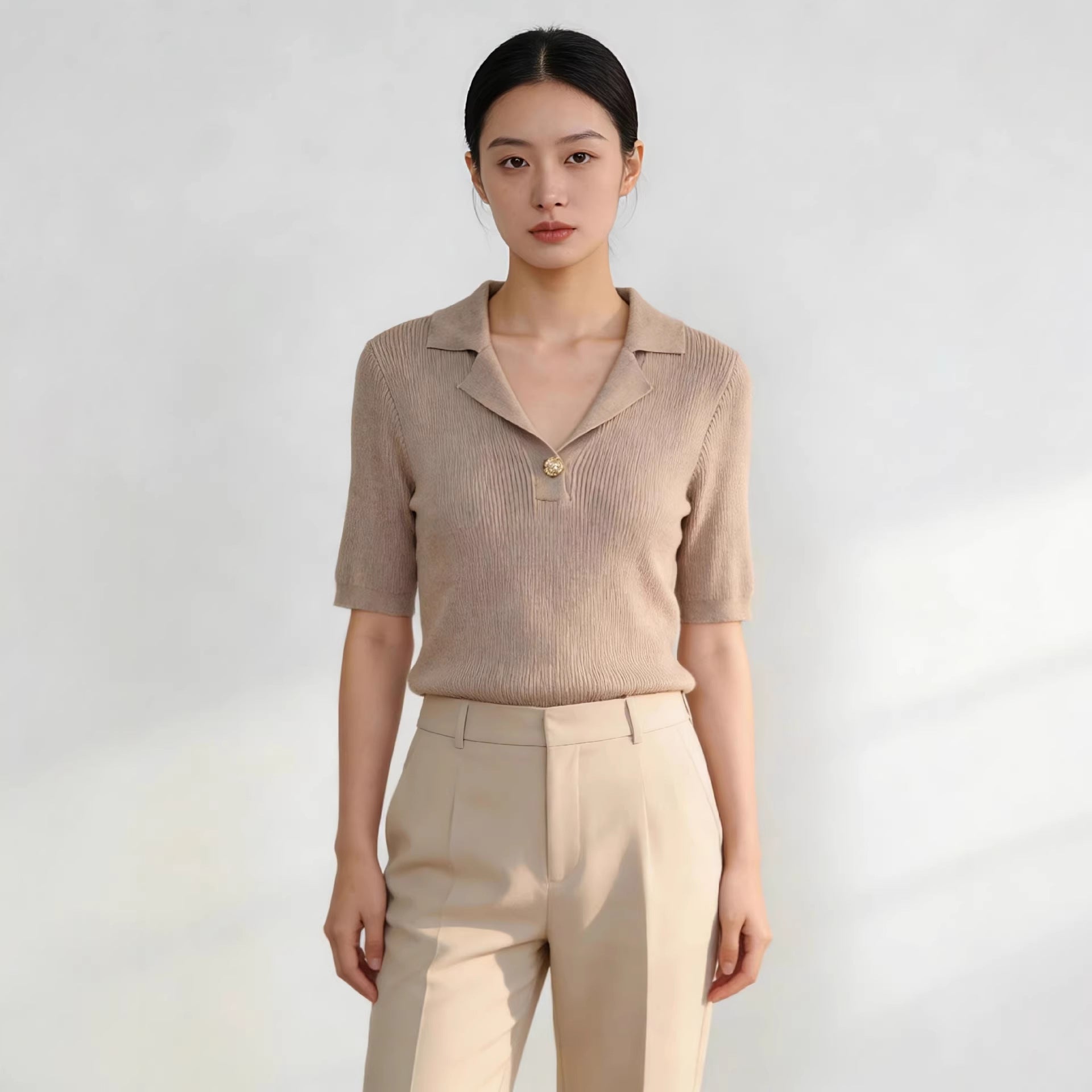Chic Lapel Contrast-Knit Slim Top