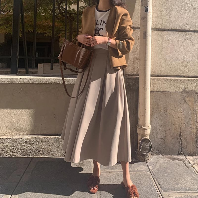 High-Waist Pleated Midi A-Line Skirt