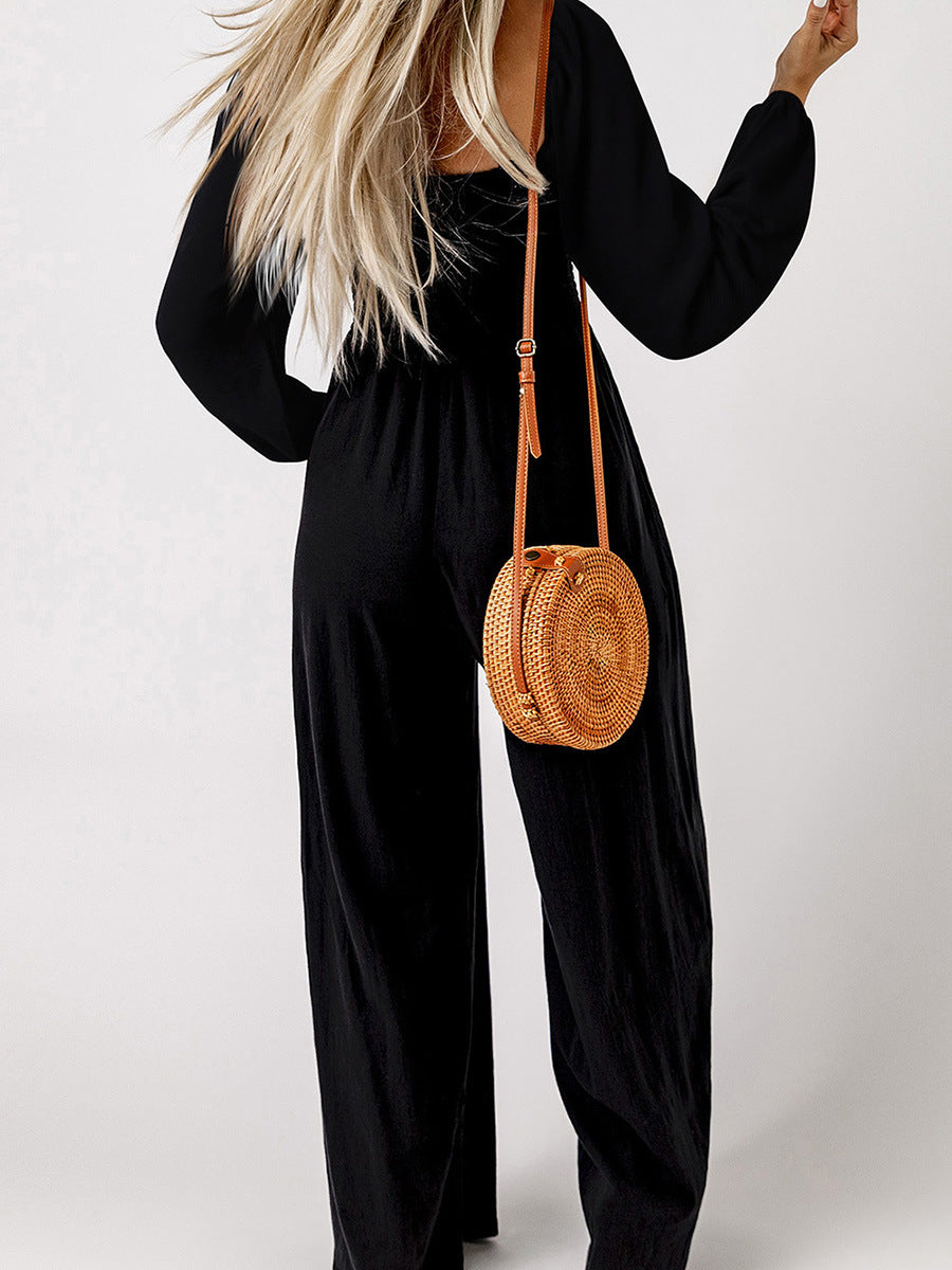 Casual High-Waist Long-Sleeve Pocket Jumpsuit