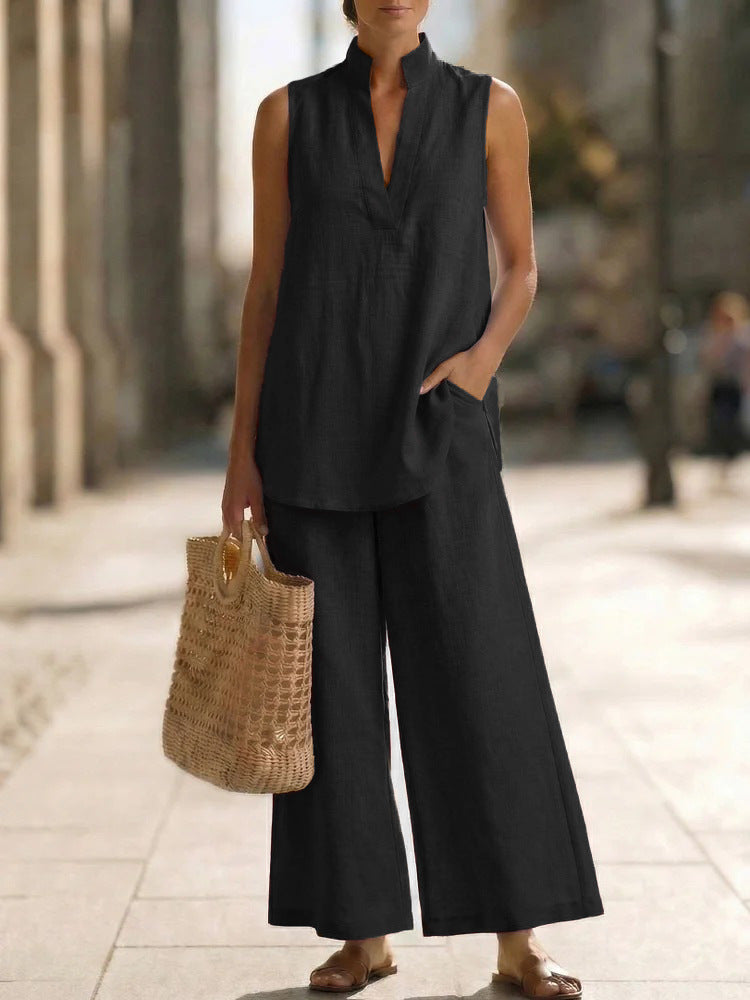 Sleeveless V-Neck Vest & Wide-Leg Pants Set