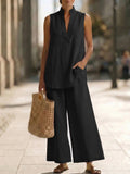 Sleeveless V-Neck Vest & Wide-Leg Pants Set