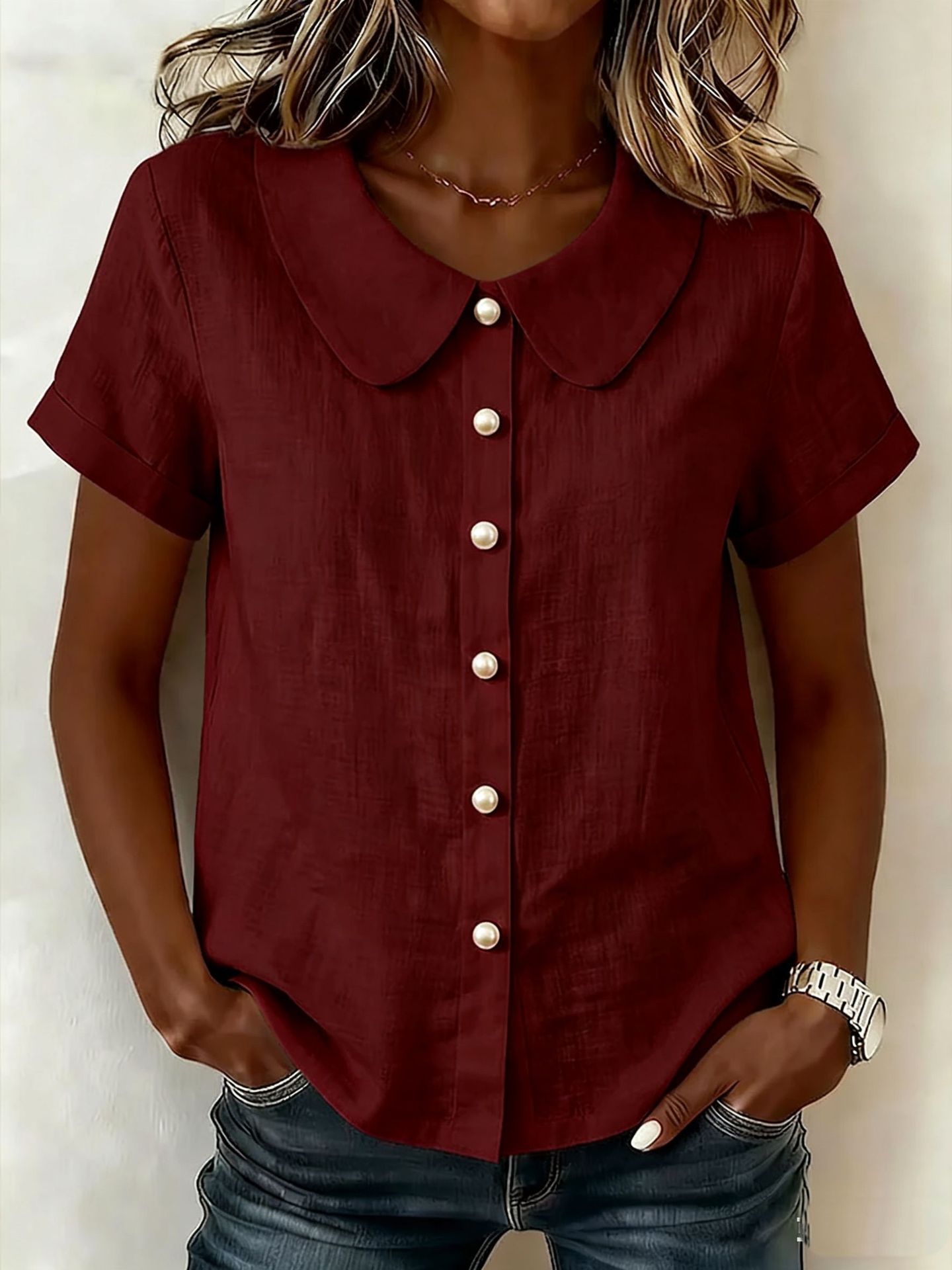 Solid-Color Loose-Fit Short-Sleeve Linen Shirt