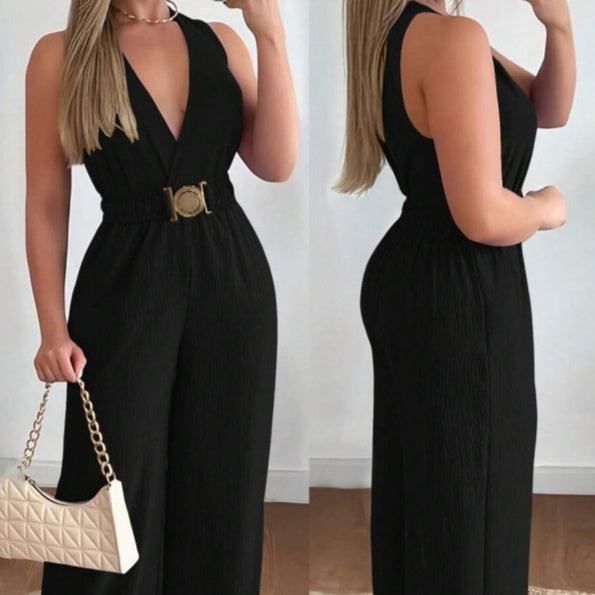 Resort-Style Crossover V-Neck Wide-Leg Jumpsuit