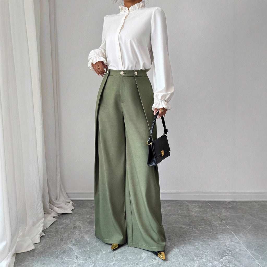 Asymmetric Pleated Solid-Color Pants