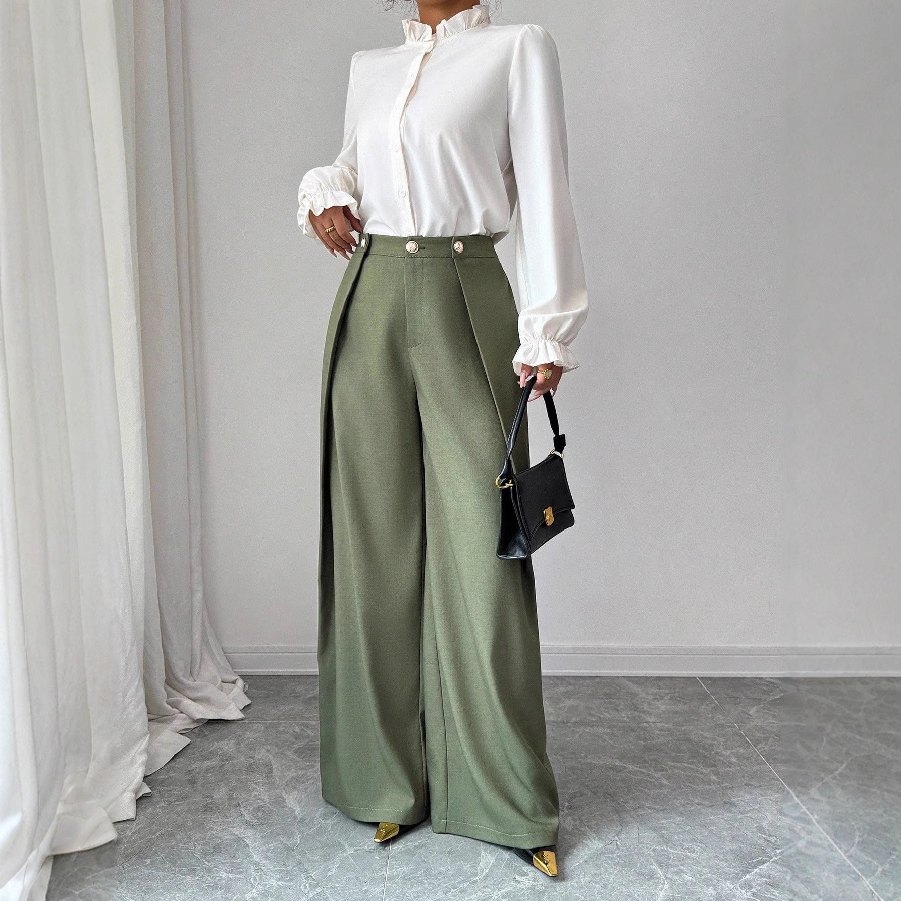 Asymmetric Pleated Solid-Color Pants