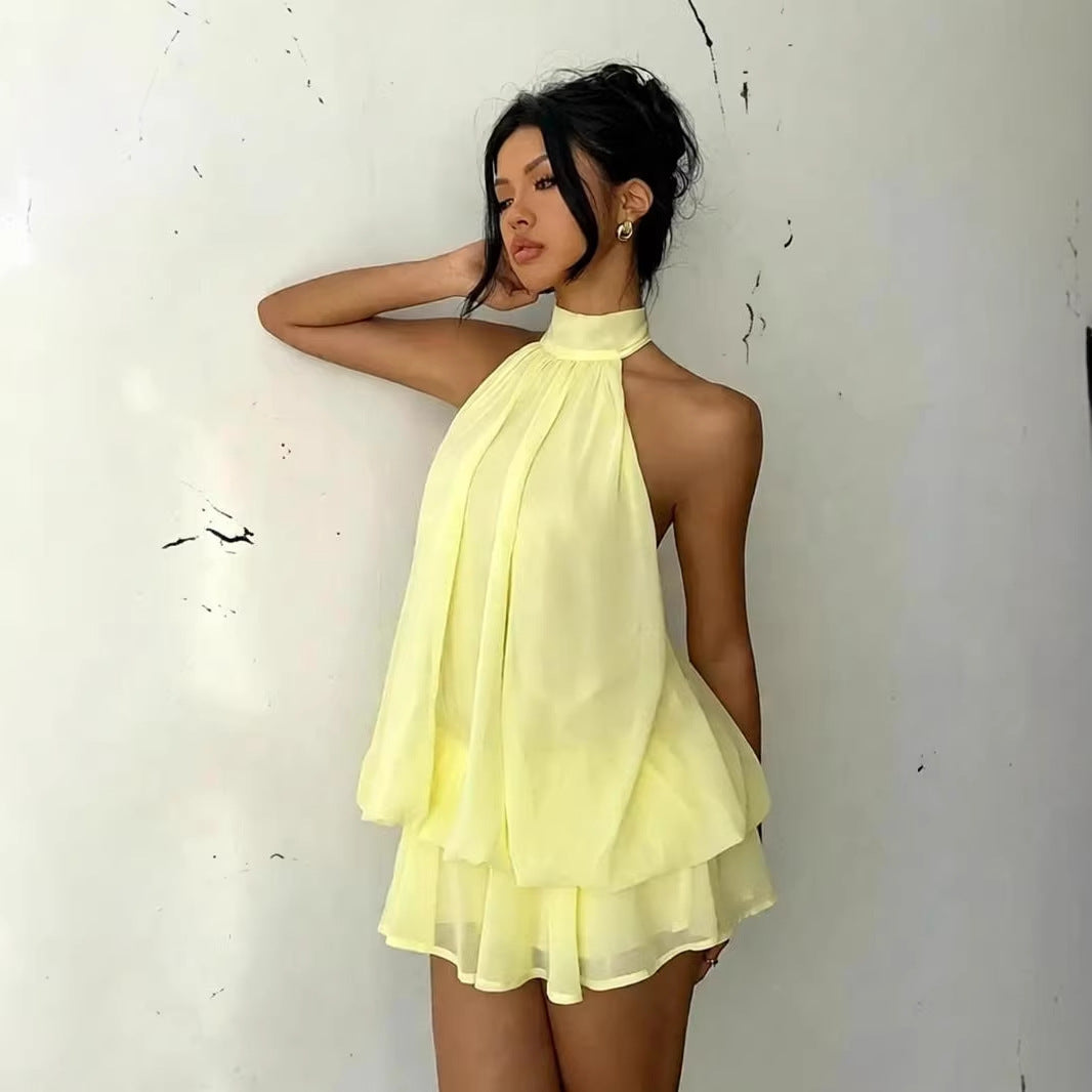 High-Waist Chiffon Halter A-Line Mini Dress