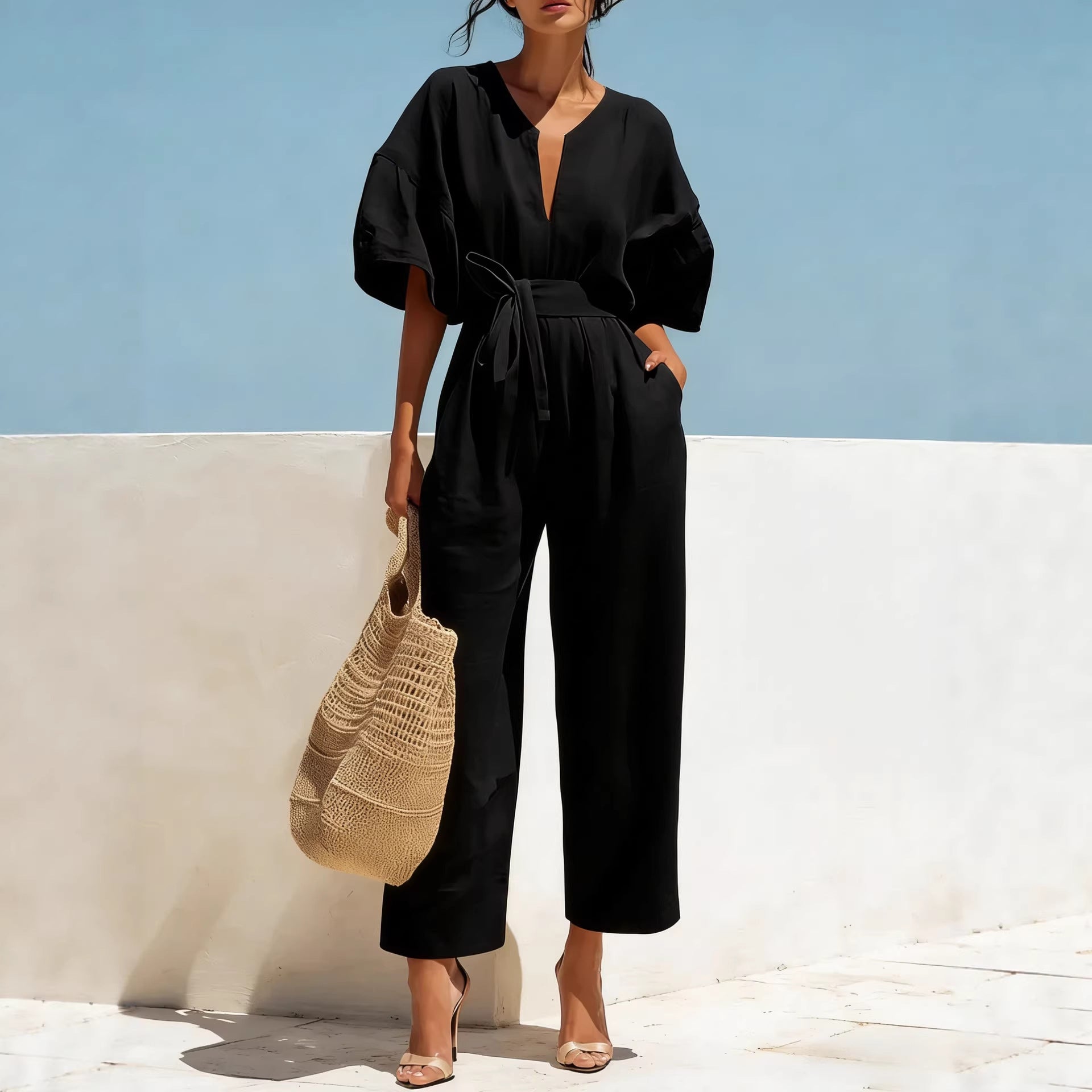 V-Neck High-Waist Cotton-Linen Wide-Leg Jumpsuit
