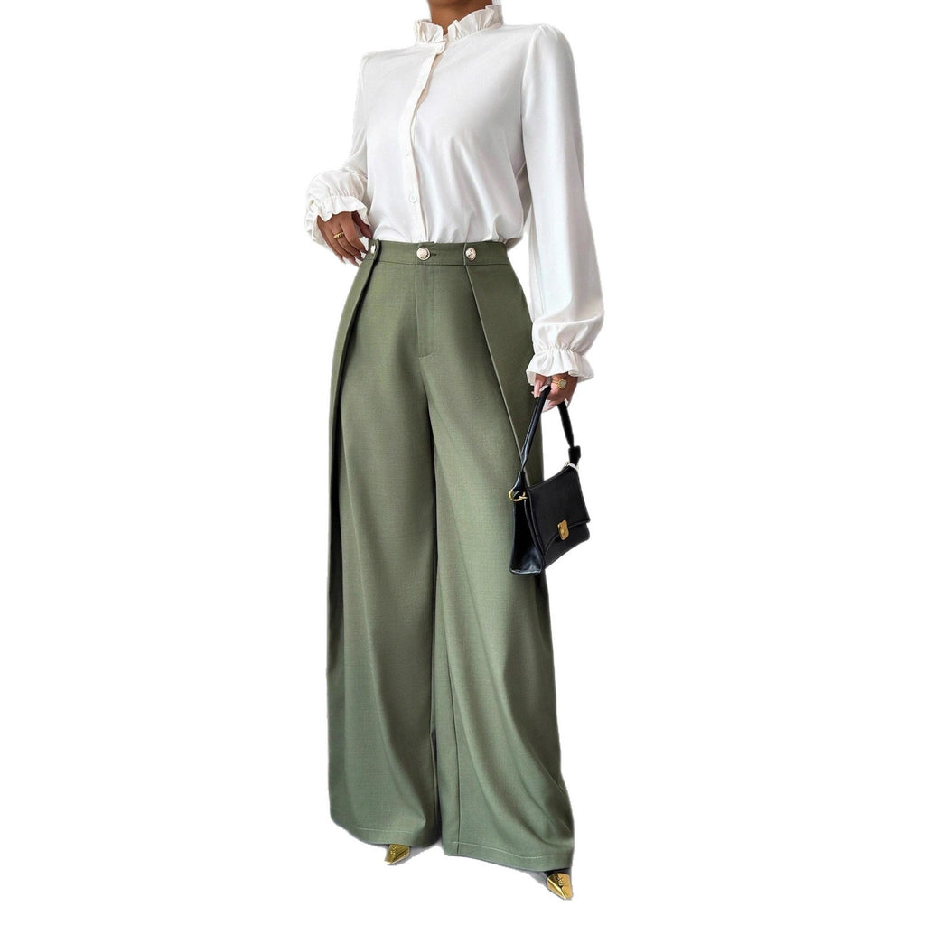 Asymmetric Pleated Solid-Color Pants
