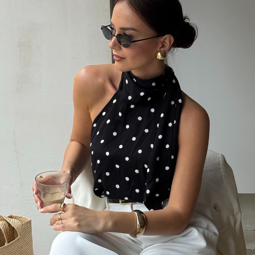 Satin Polka-Dot Lace-Up Halterneck Camisole