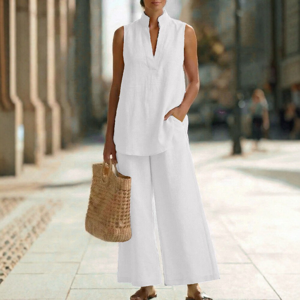 Sleeveless V-Neck Vest & Wide-Leg Pants Set