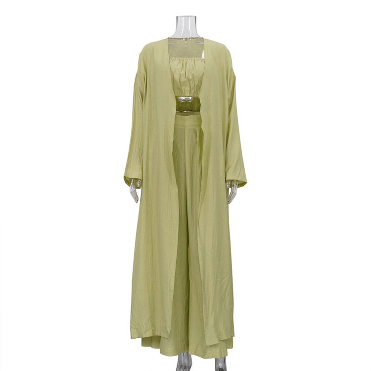 Sage Green 3-Piece Loungewear Set – Crop Top, Kimono Cardigan & Wide-Leg Pants