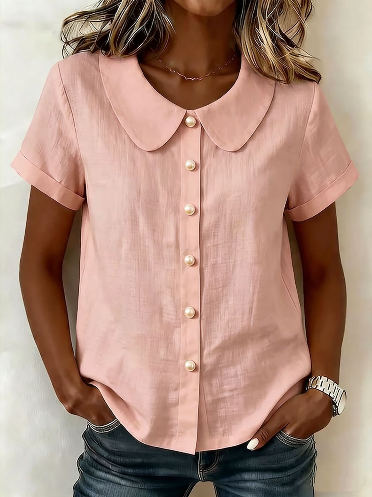 Solid-Color Loose-Fit Short-Sleeve Linen Shirt