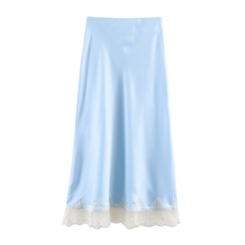 Lace-Trim Silk-Matte High-Waist Midi Skirt