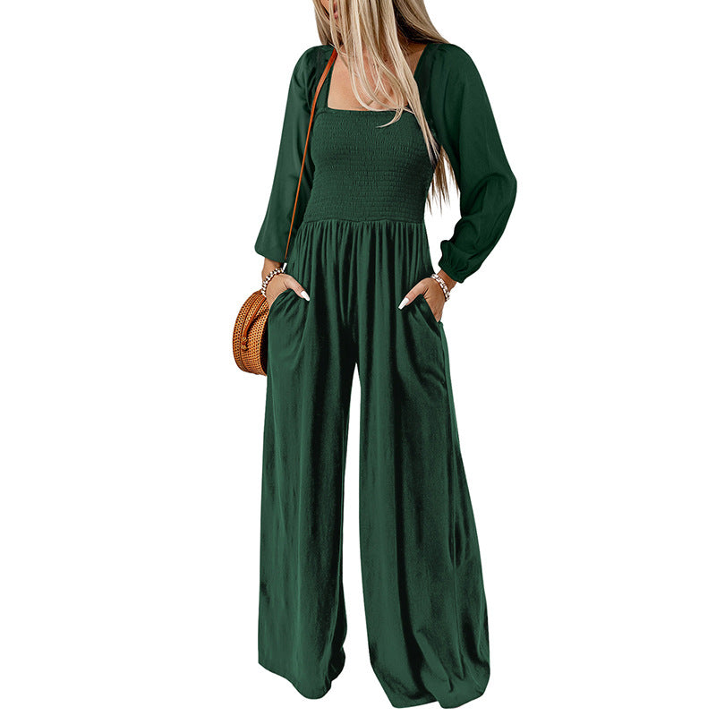 Casual High-Waist Long-Sleeve Pocket Jumpsuit