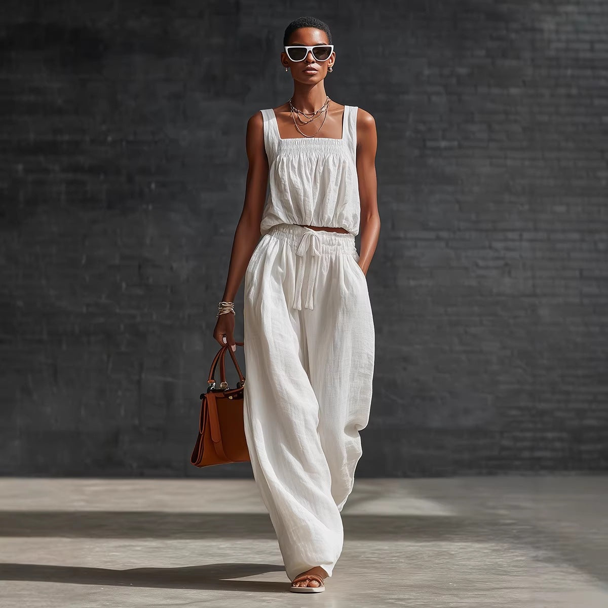 Sleeveless Off-Shoulder Top & Wide-Leg Pants Set