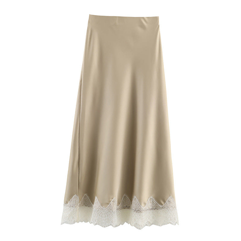 Lace-Trim Silk-Matte High-Waist Midi Skirt