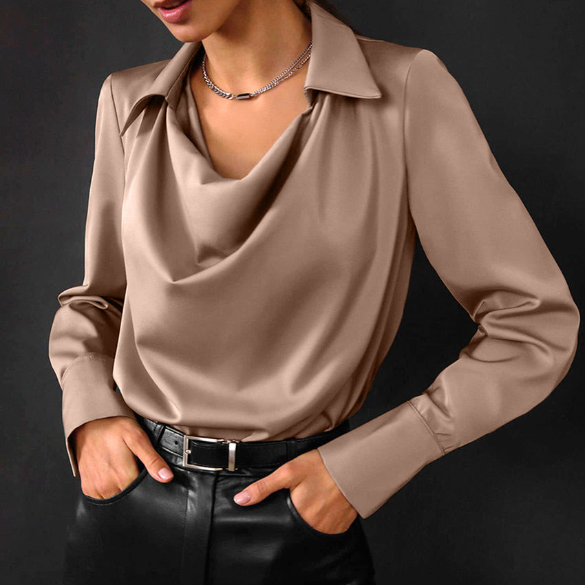 Solid-Color Collared Long-Sleeve Business Blouse