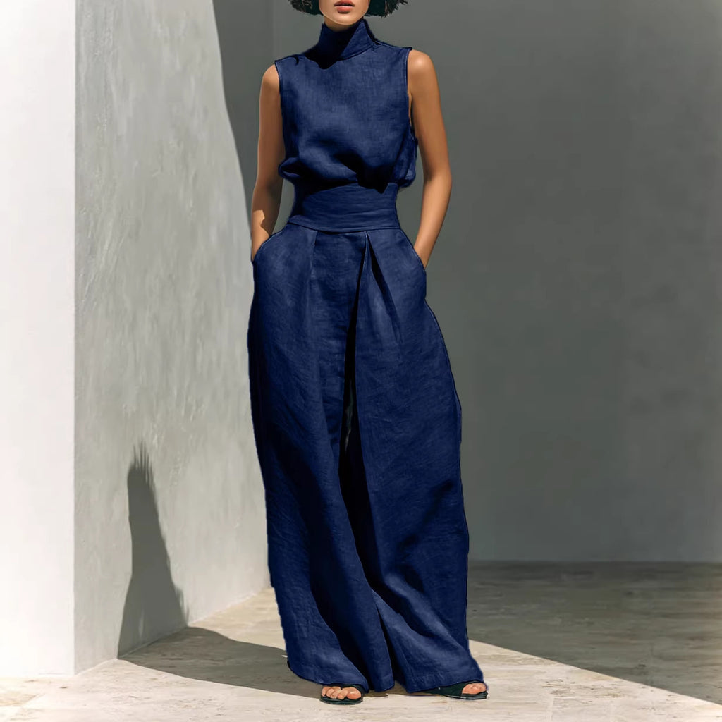 Sleeveless Stand-Collar Top & Straight-Leg Pants Set