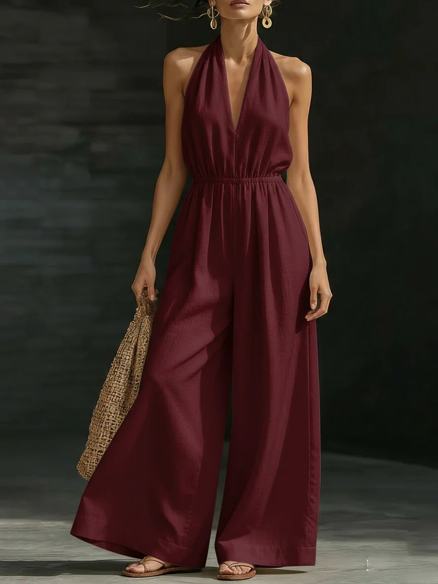 High-Waist V-Neck Halter Wide-Leg Cropped Jumpsuit