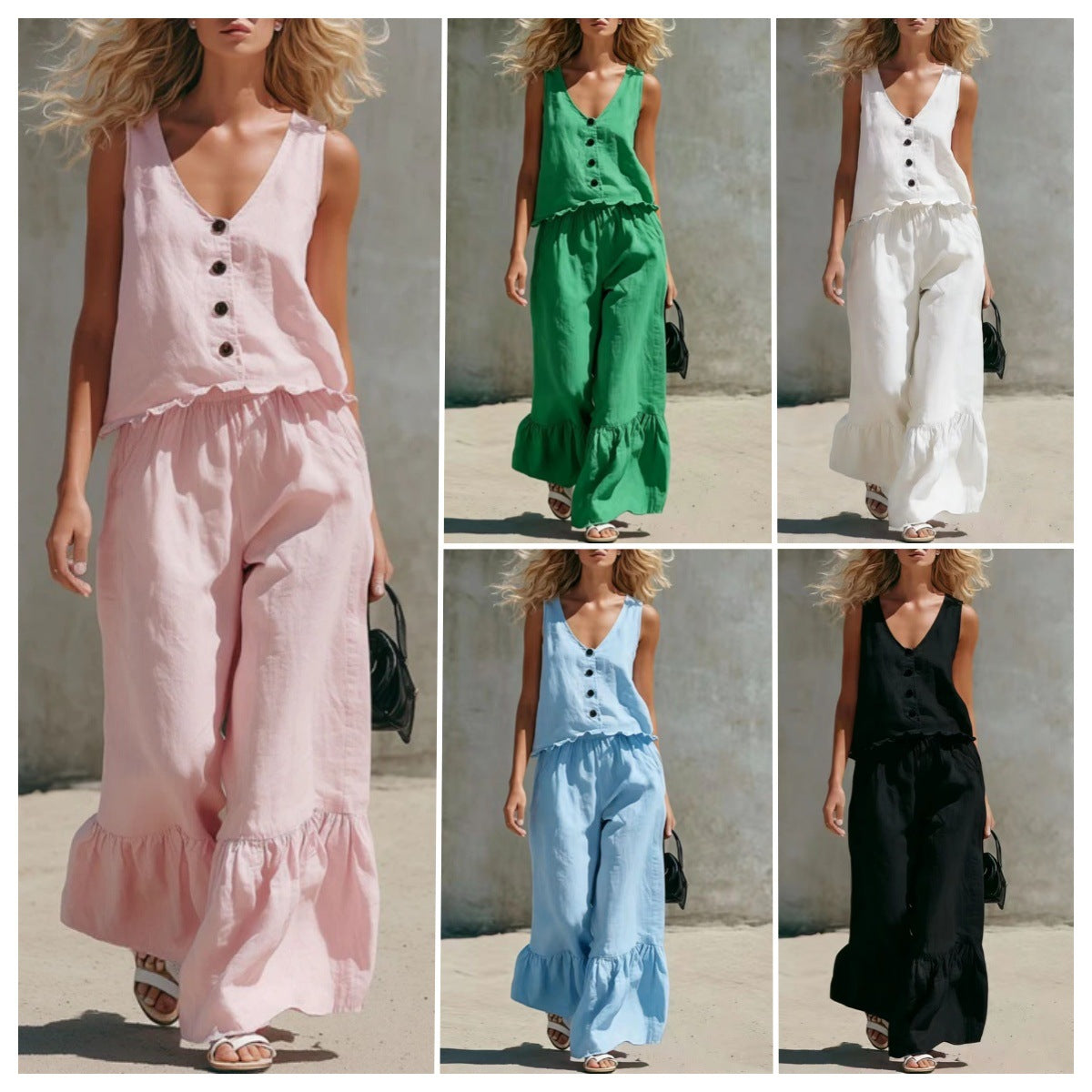 V-Neck Sleeveless Vest & Wide-Leg Pants Cotton-Linen Set