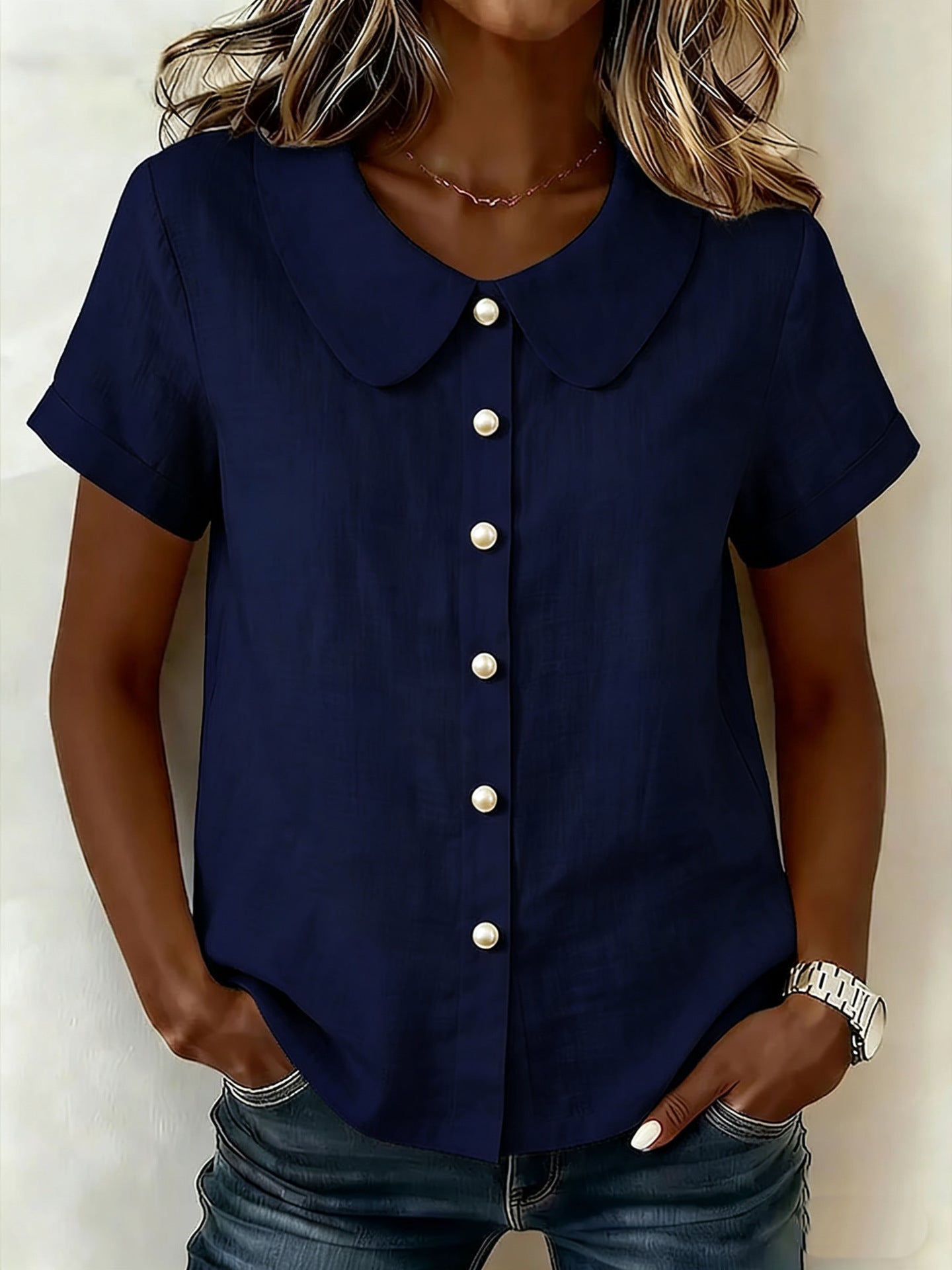 Solid-Color Loose-Fit Short-Sleeve Linen Shirt