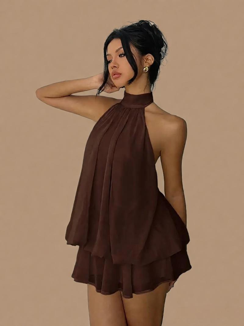 High-Waist Chiffon Halter A-Line Mini Dress