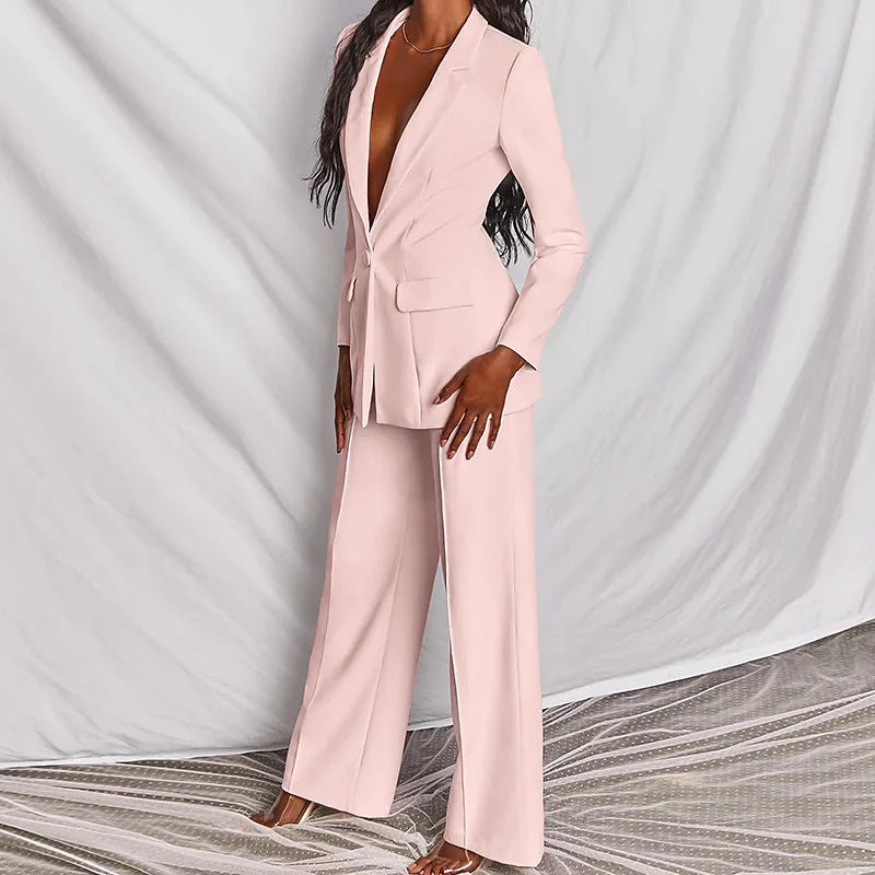 Lapel Blazer & Straight-Leg Pants Office Suit Set