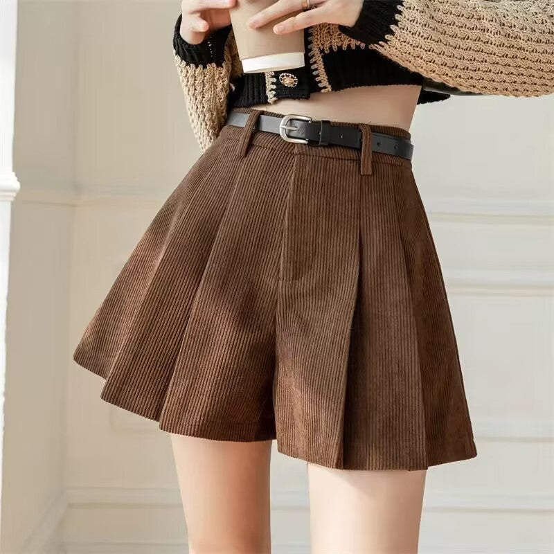 High-Waist Corduroy Pleated Wide-Leg Shorts