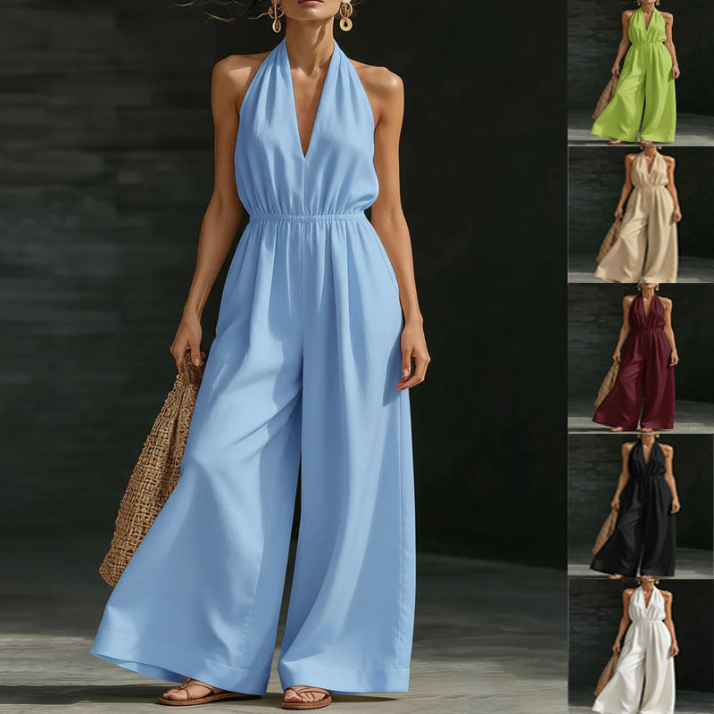 High-Waist V-Neck Halter Wide-Leg Cropped Jumpsuit