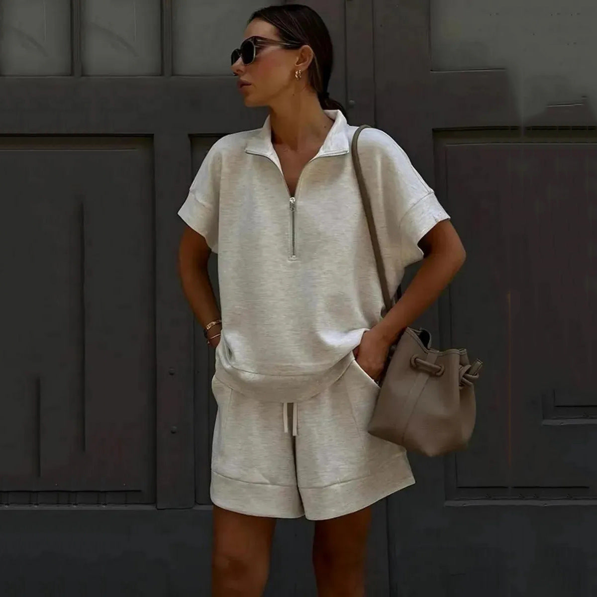 Solid-Color Casual Sweatshirt & Shorts Two-Piece Set