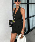 Metal Button V-Neck Vest & Shorts Set