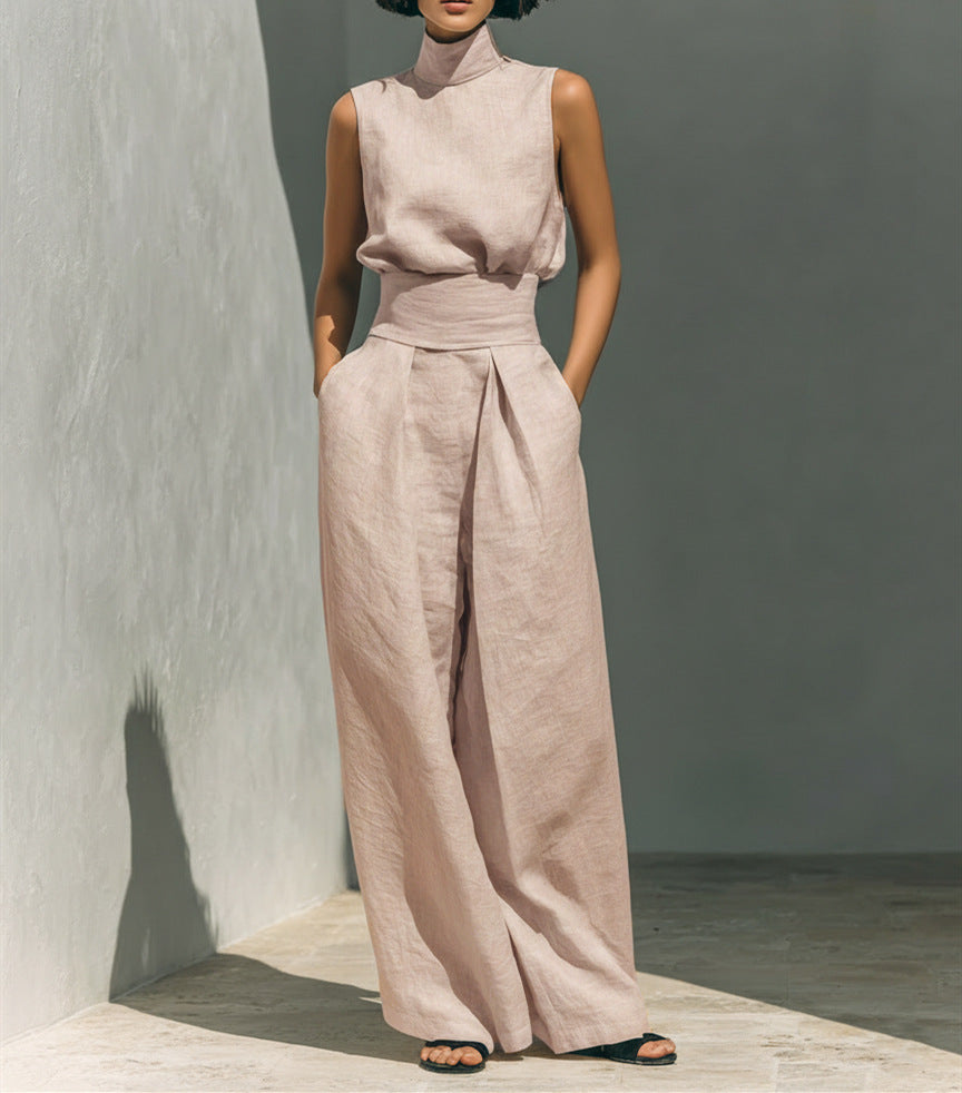 Sleeveless Stand-Collar Top & Straight-Leg Pants Set