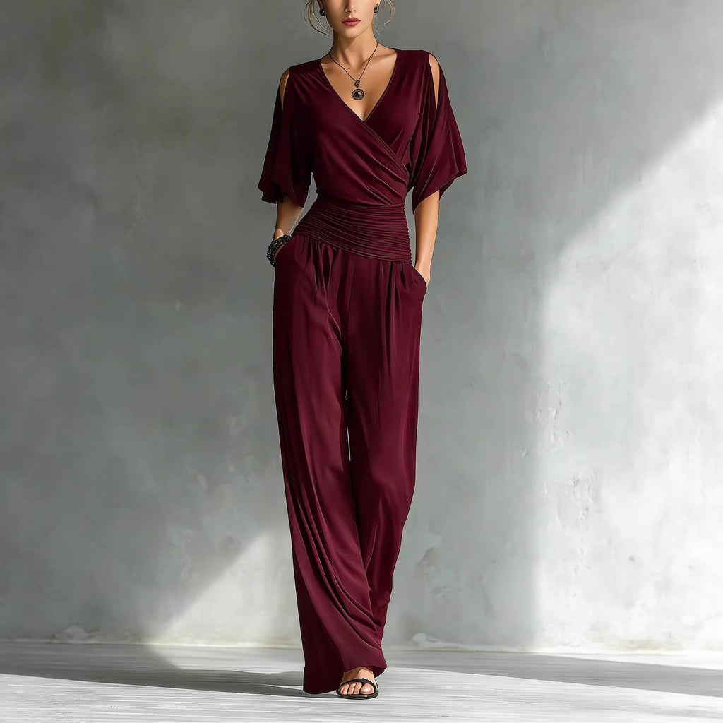 Off-Shoulder V-Neck Slim-Fit French Style Jumpsuit