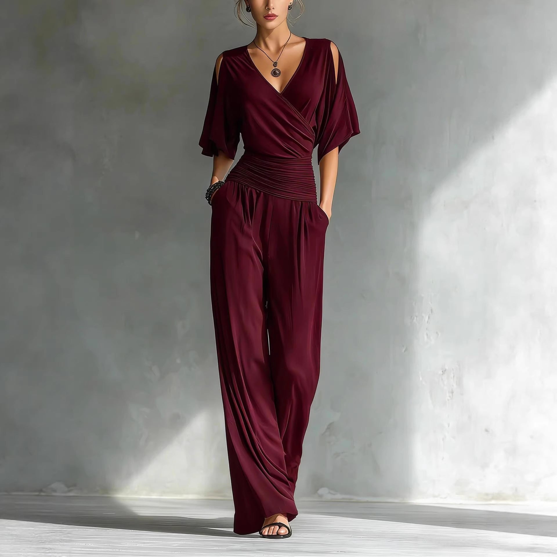 Off-Shoulder V-Neck Slim-Fit French Style Jumpsuit