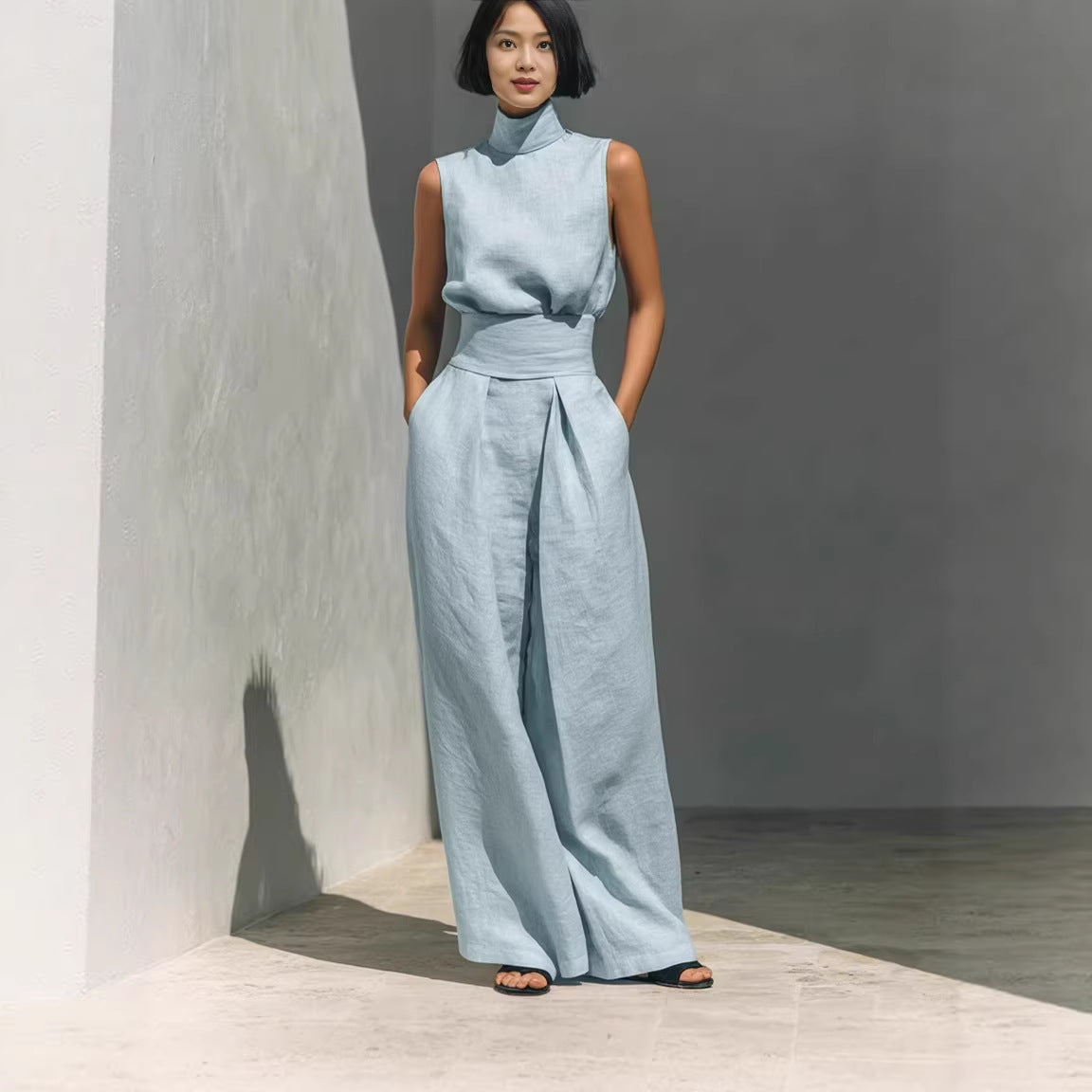 Sleeveless Stand-Collar Top & Straight-Leg Pants Set