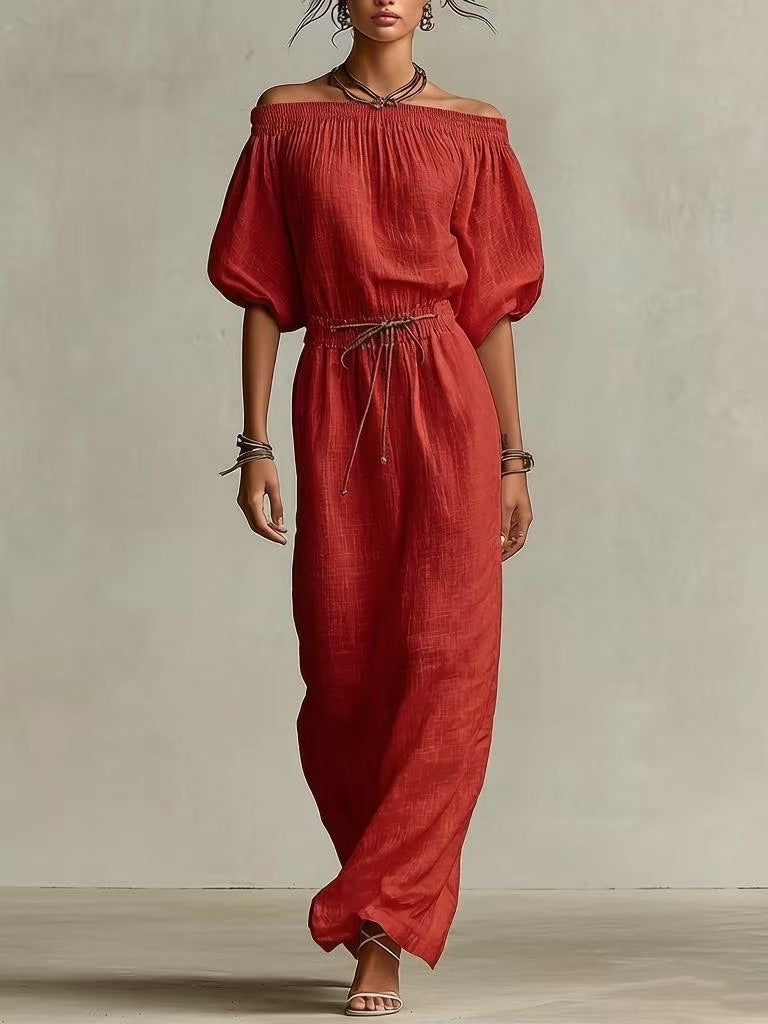 Casual Linen Lantern-Sleeve Top & Full-Length Pants Suit