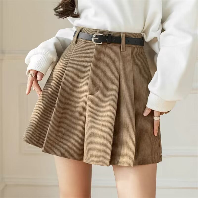 High-Waist Corduroy Pleated Wide-Leg Shorts