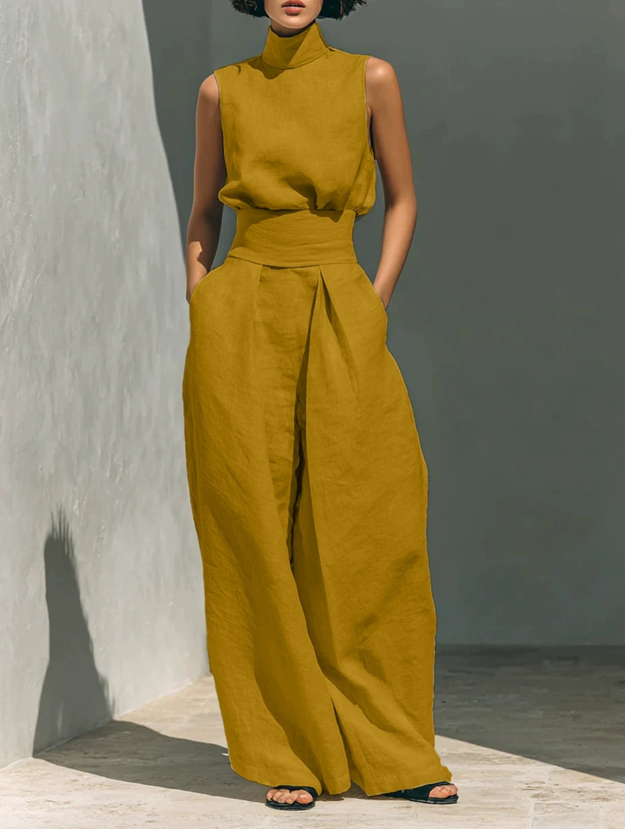 Sleeveless Stand-Collar Top & Straight-Leg Pants Set