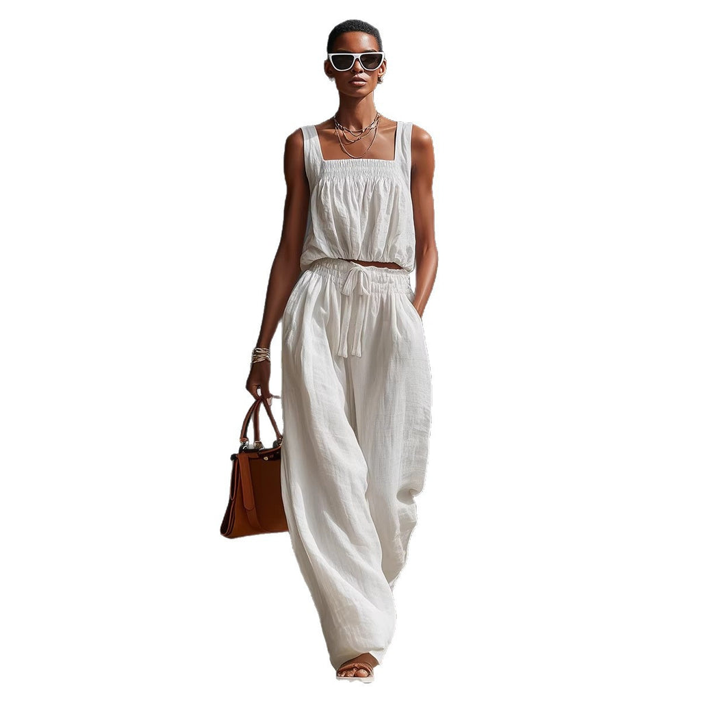 Sleeveless Off-Shoulder Top & Wide-Leg Pants Set