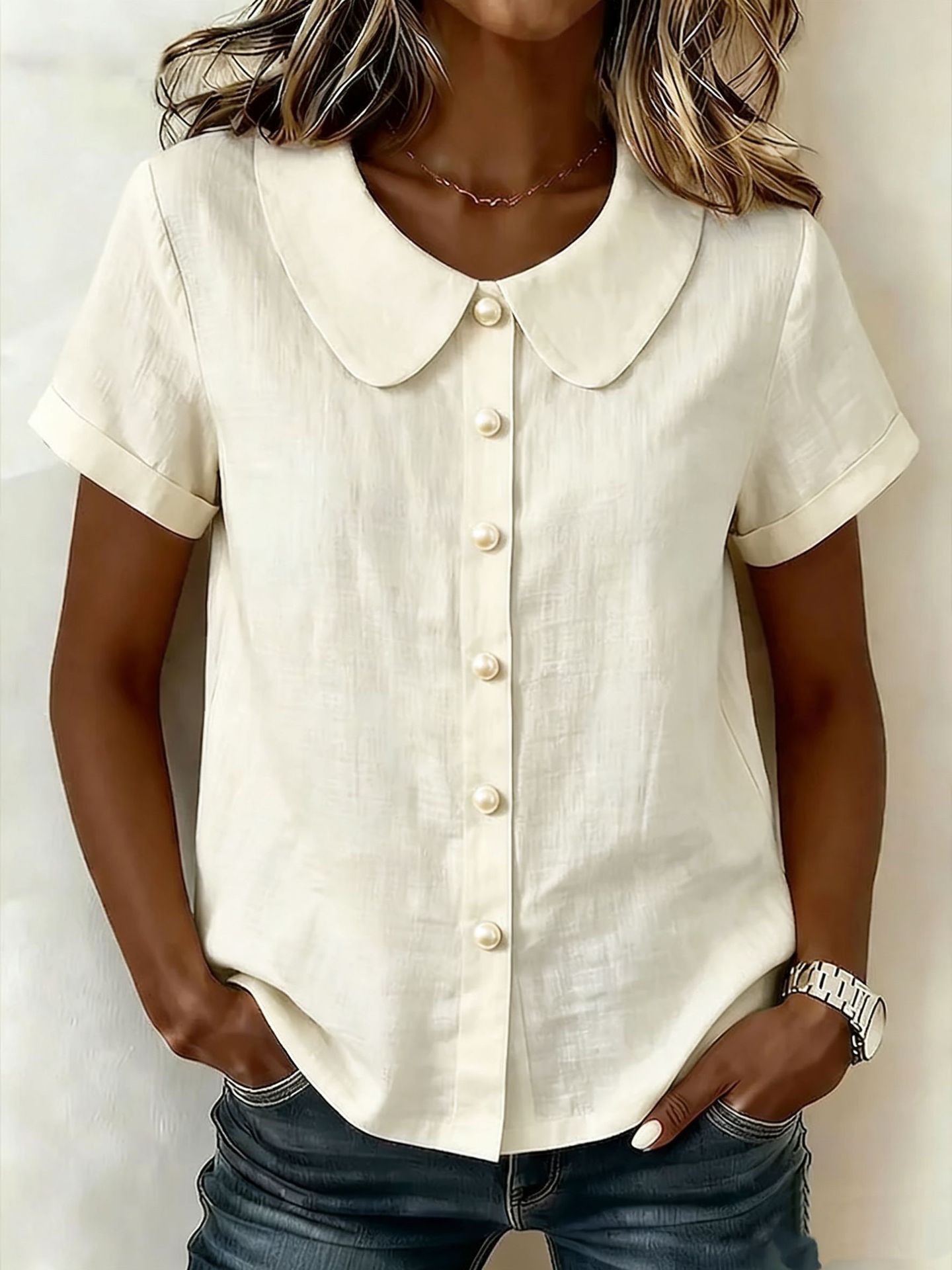 Solid-Color Loose-Fit Short-Sleeve Linen Shirt
