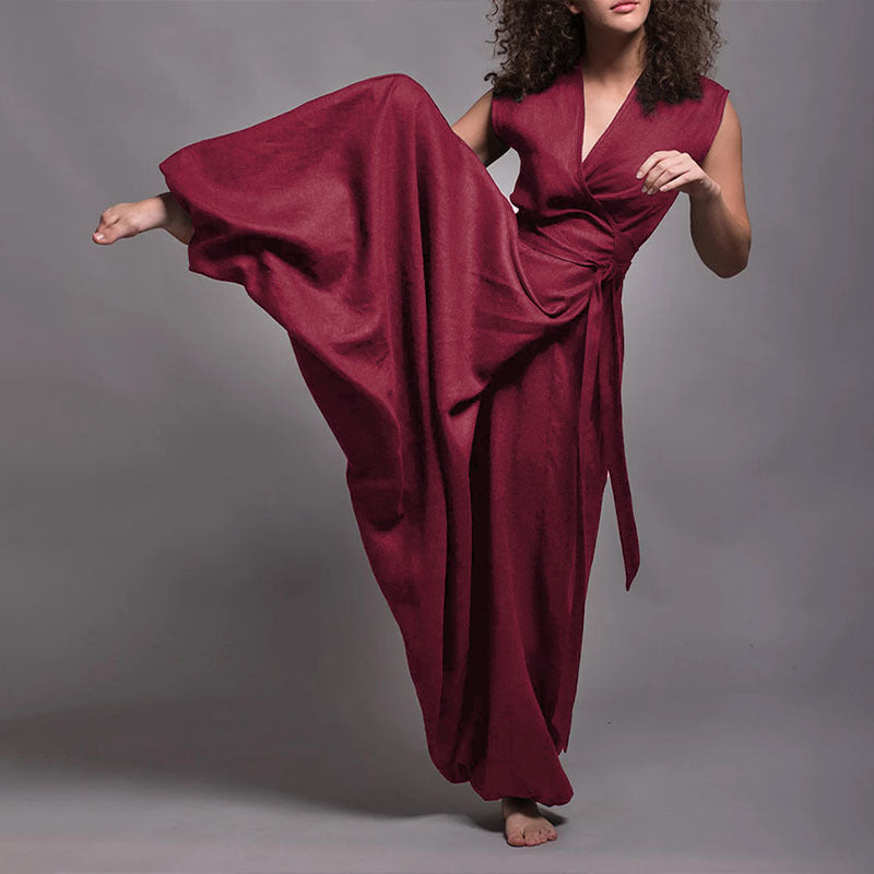 V-Neck Sleeveless Wide-Leg Solid Color Jumpsuit