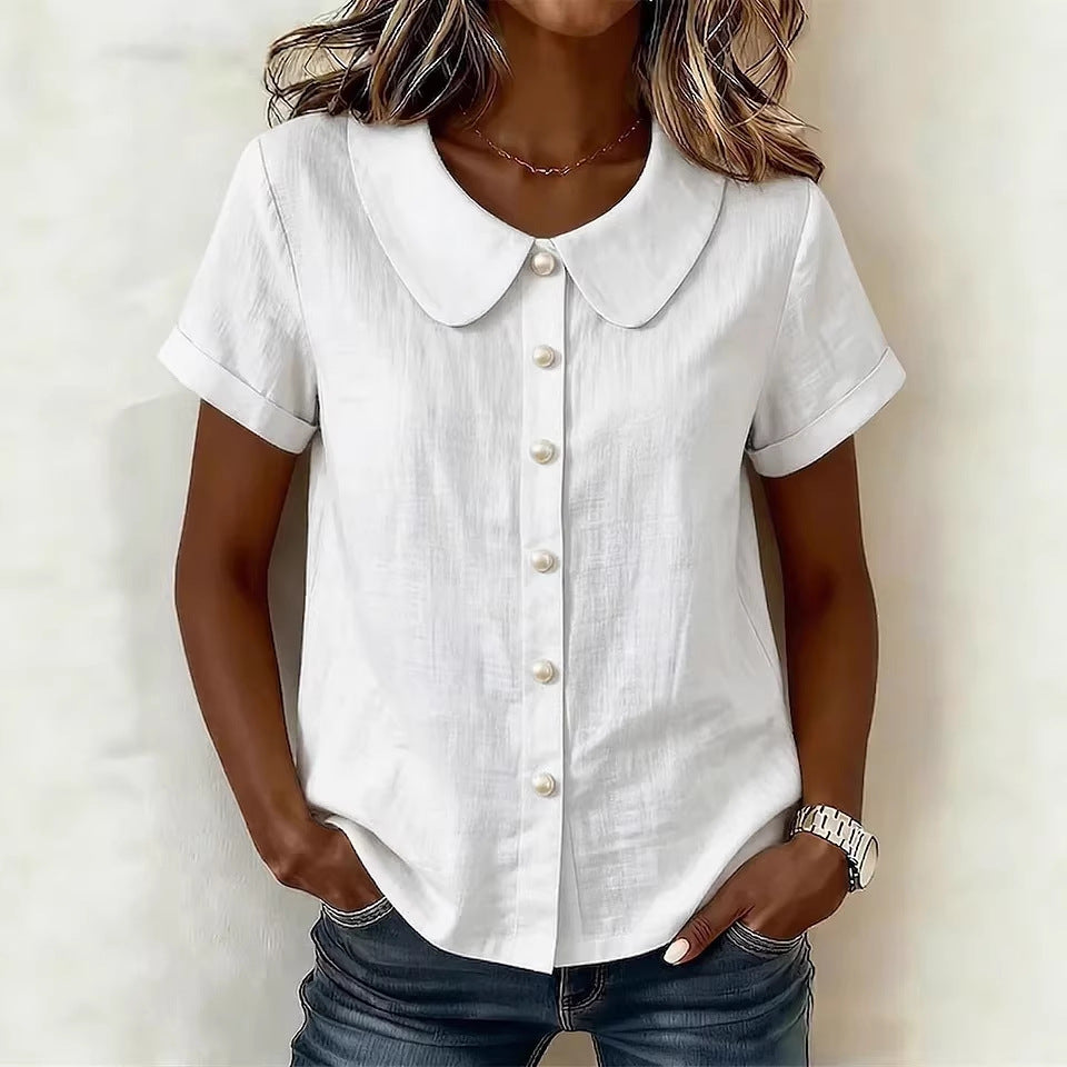 Solid-Color Loose-Fit Short-Sleeve Linen Shirt