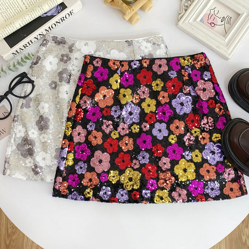 Bloom & Shine Floral Sequin Mini Skirt