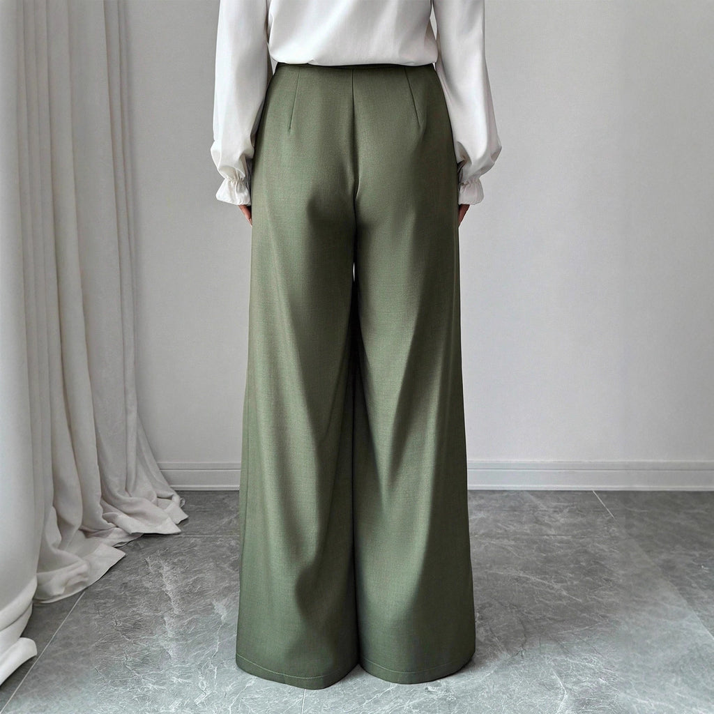 Asymmetric Pleated Solid-Color Pants