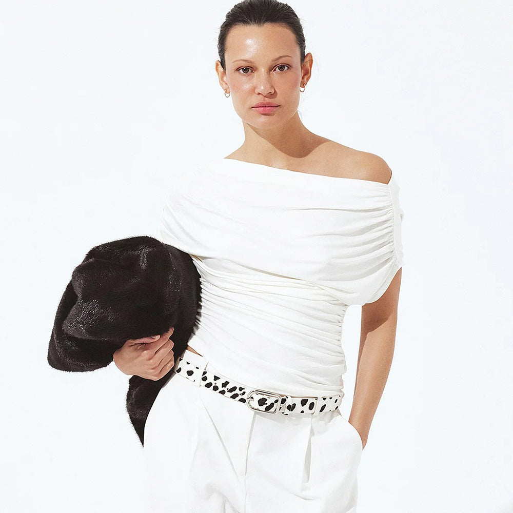 Asymmetric Pleated Short-Sleeve Top