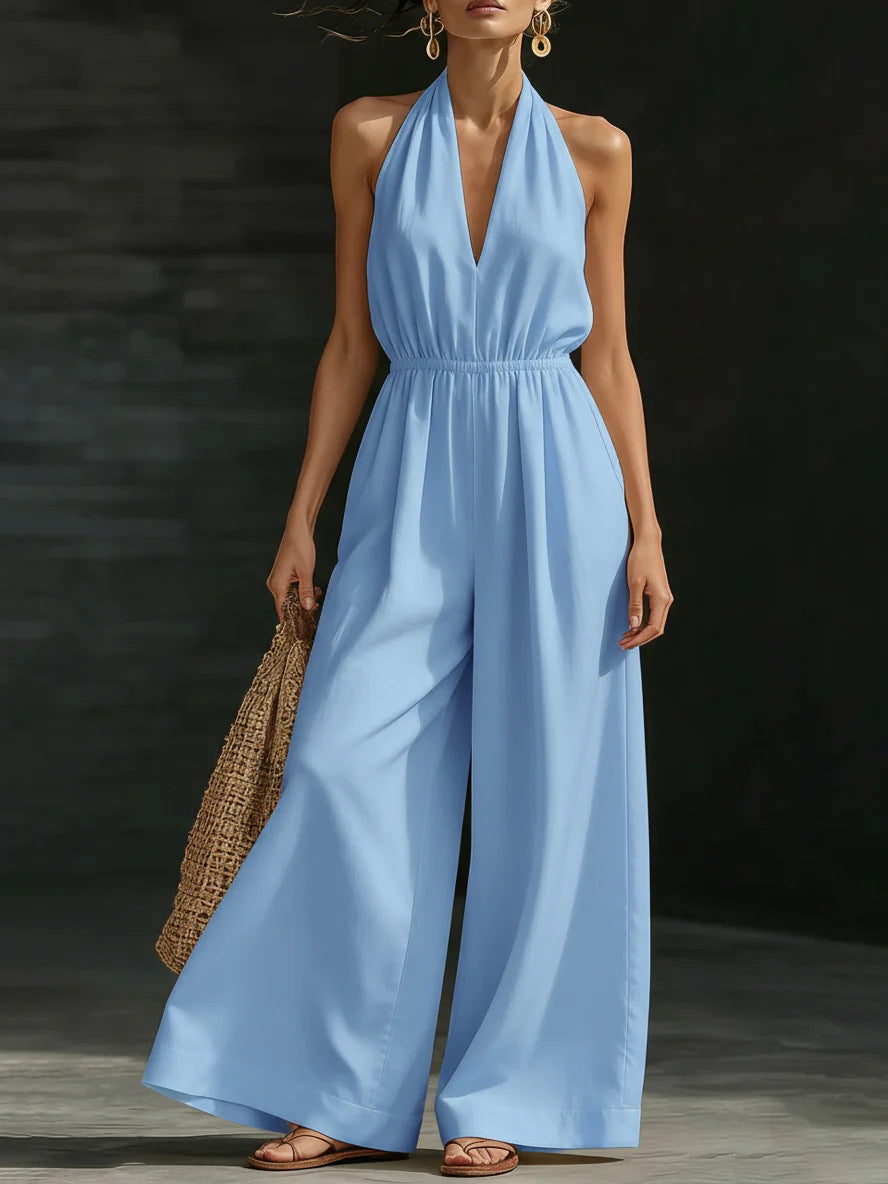 High-Waist V-Neck Halter Wide-Leg Cropped Jumpsuit